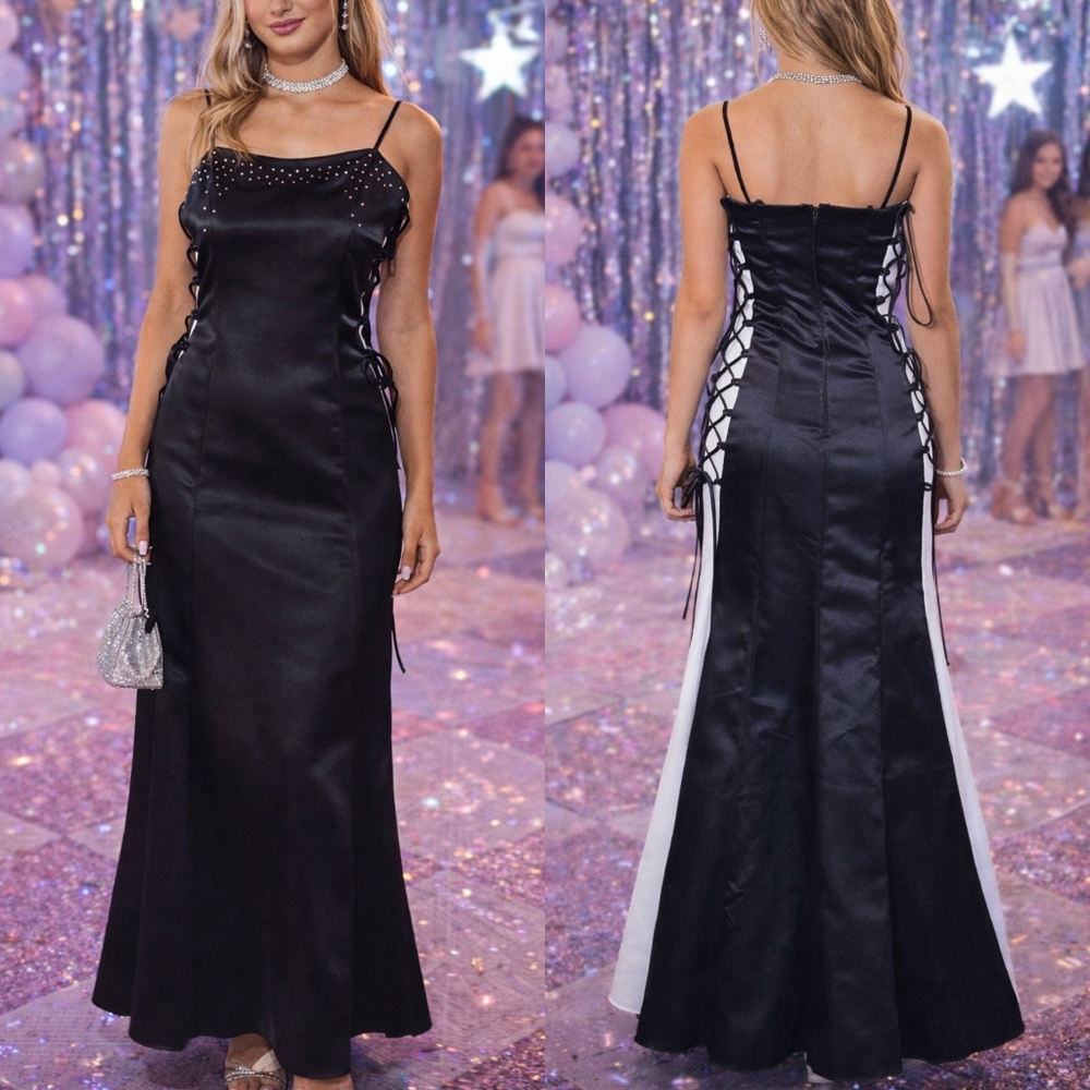 Let's Fashion Vintage 00s Y2K Black & White Satin Strappy Prom Party Dress Xs